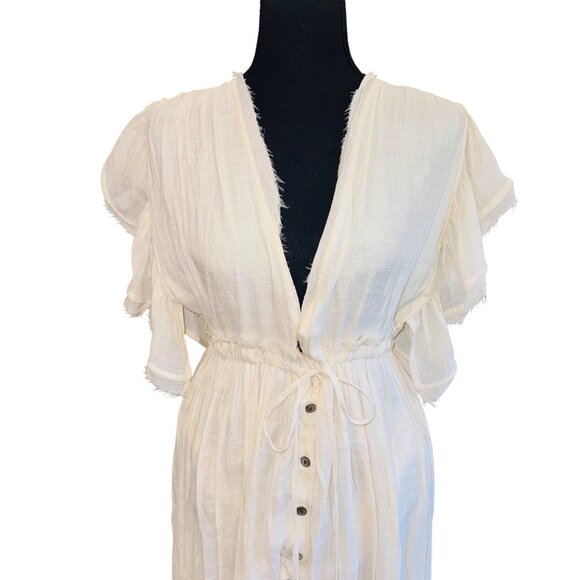 NWT Peach Love S/M Ivory Plunge Drawstring Backless Ruffled Cover Up Dress Maxi - Picture 5 of 16